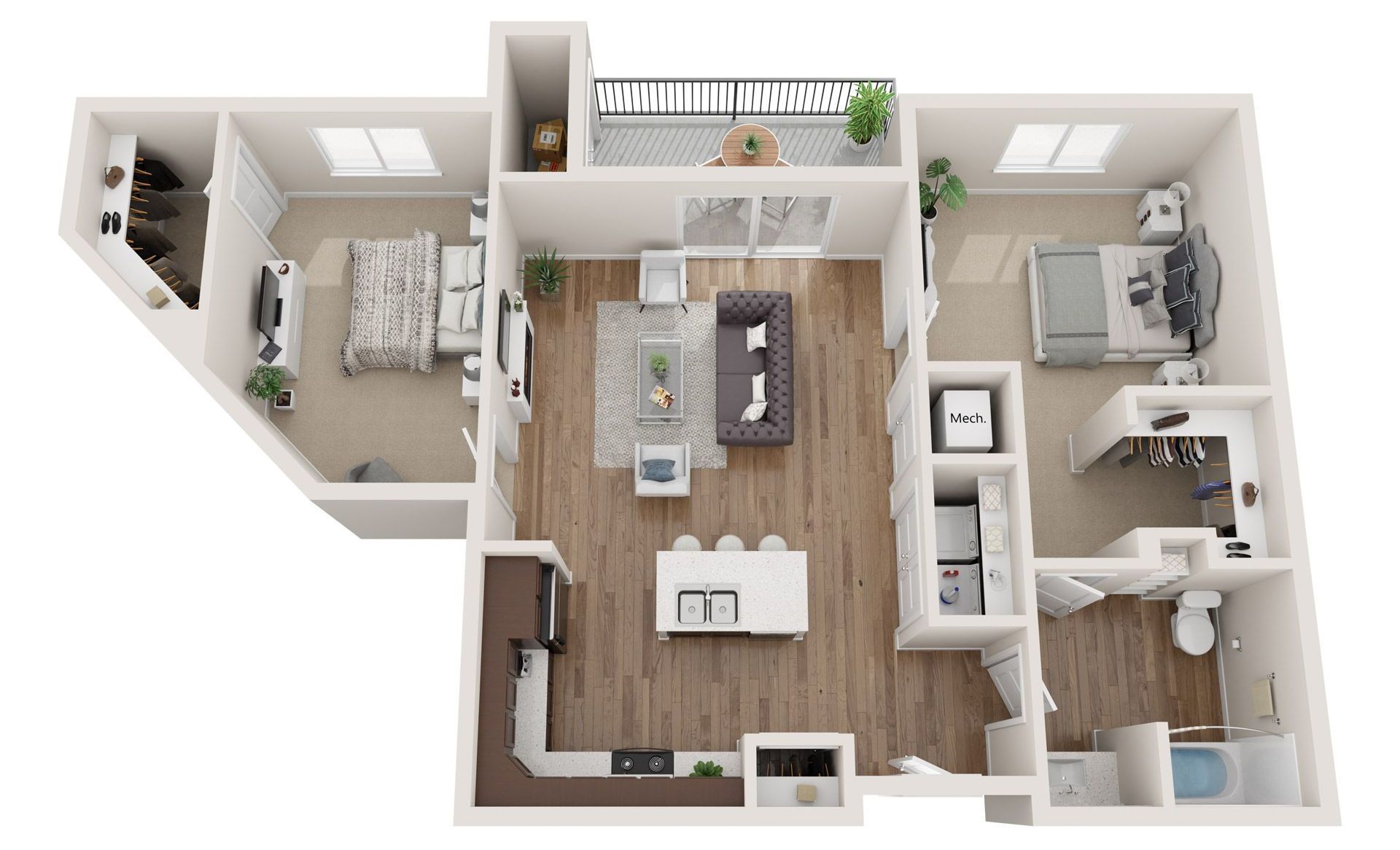 2 Bed 2 Bath Floor Plan with Carpet and Wood Flooring