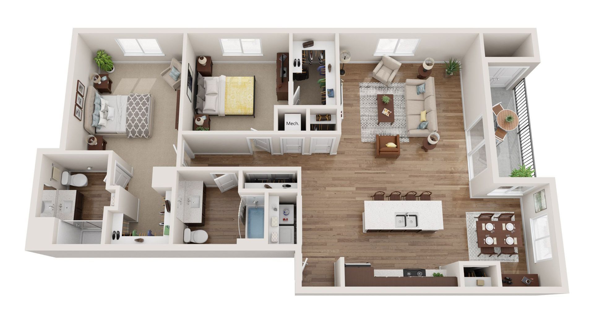 2 Bed 2 Bath Floor Plan with Carpet and Wood Flooring