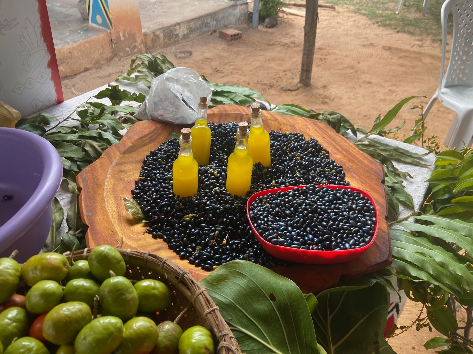 Bottles of yellow liquid sit on black berries, displayed with green fruits and leaves.