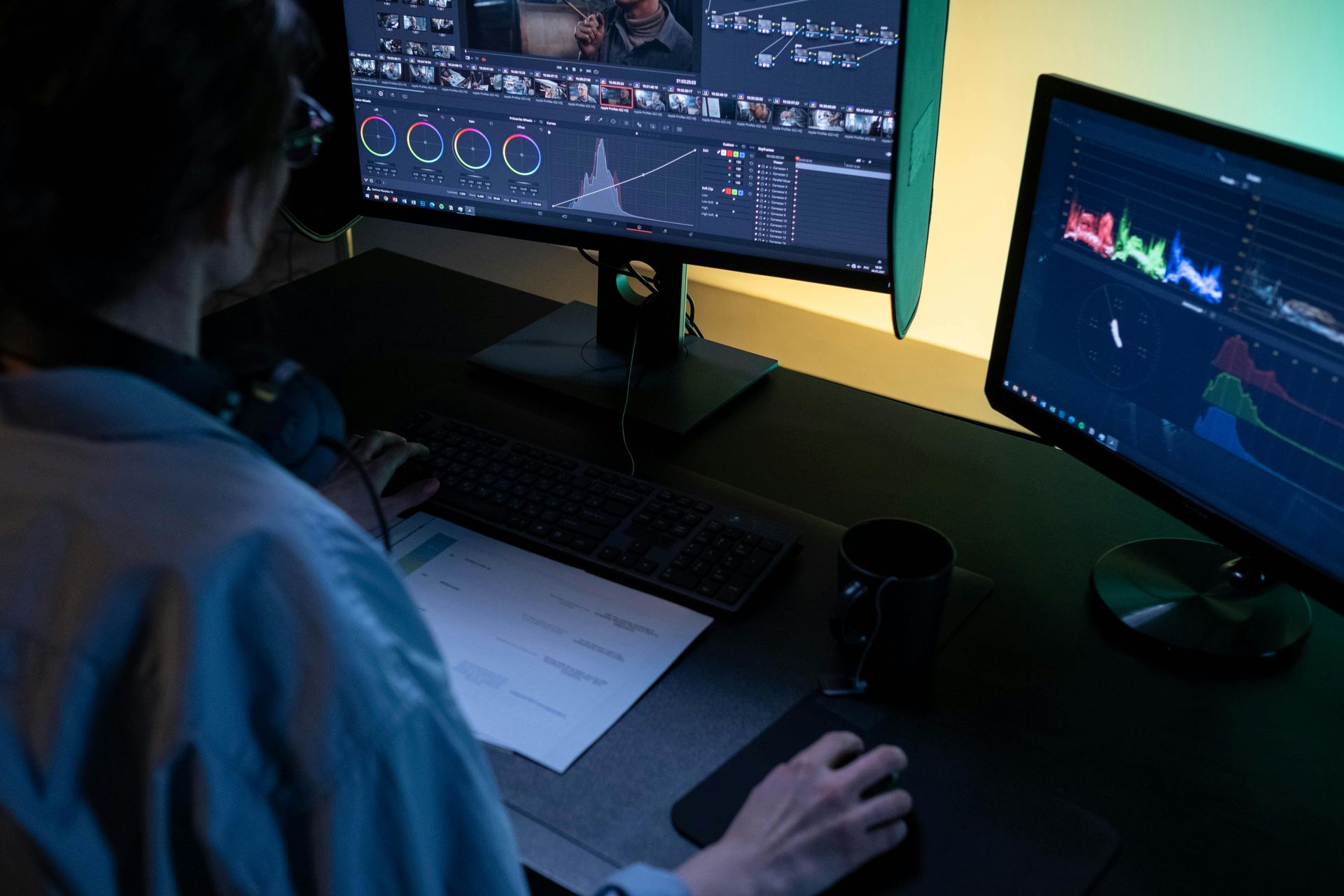 Person editing video on a dual-monitor setup; one showing timeline, the other color-grading graphs.