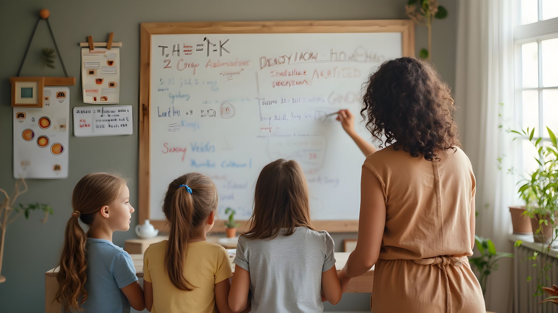 A woman is writing on a whiteboard while three little girls look on.