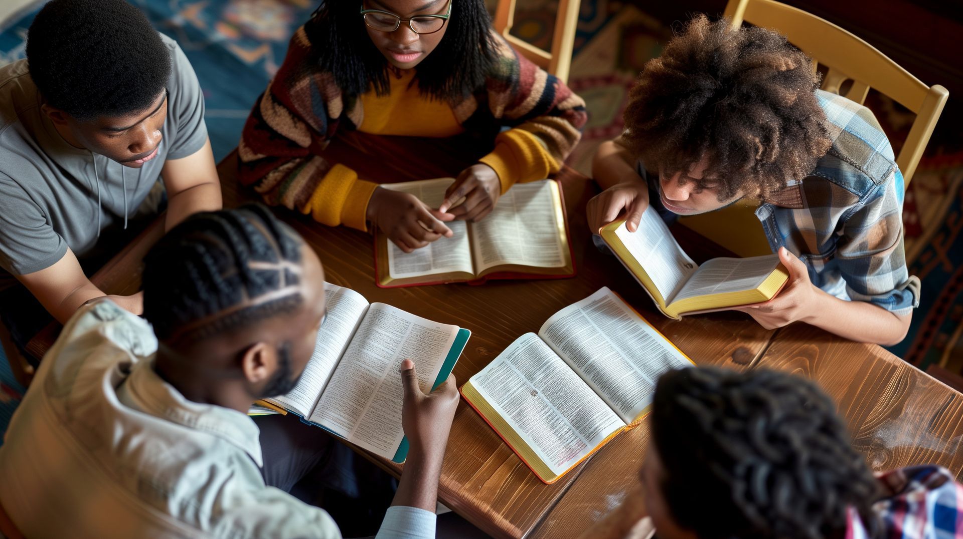 A group of people are sitting around a table reading bible.