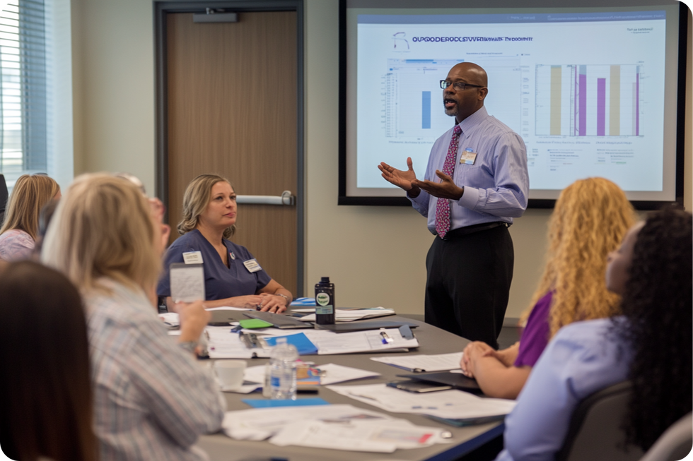 A diverse group of healthcare professionals attending a training session, representing collaborative learning.