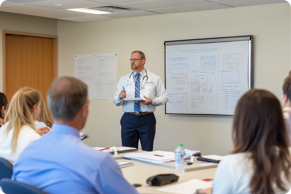 A confident healthcare leader conducting a compliance training session.