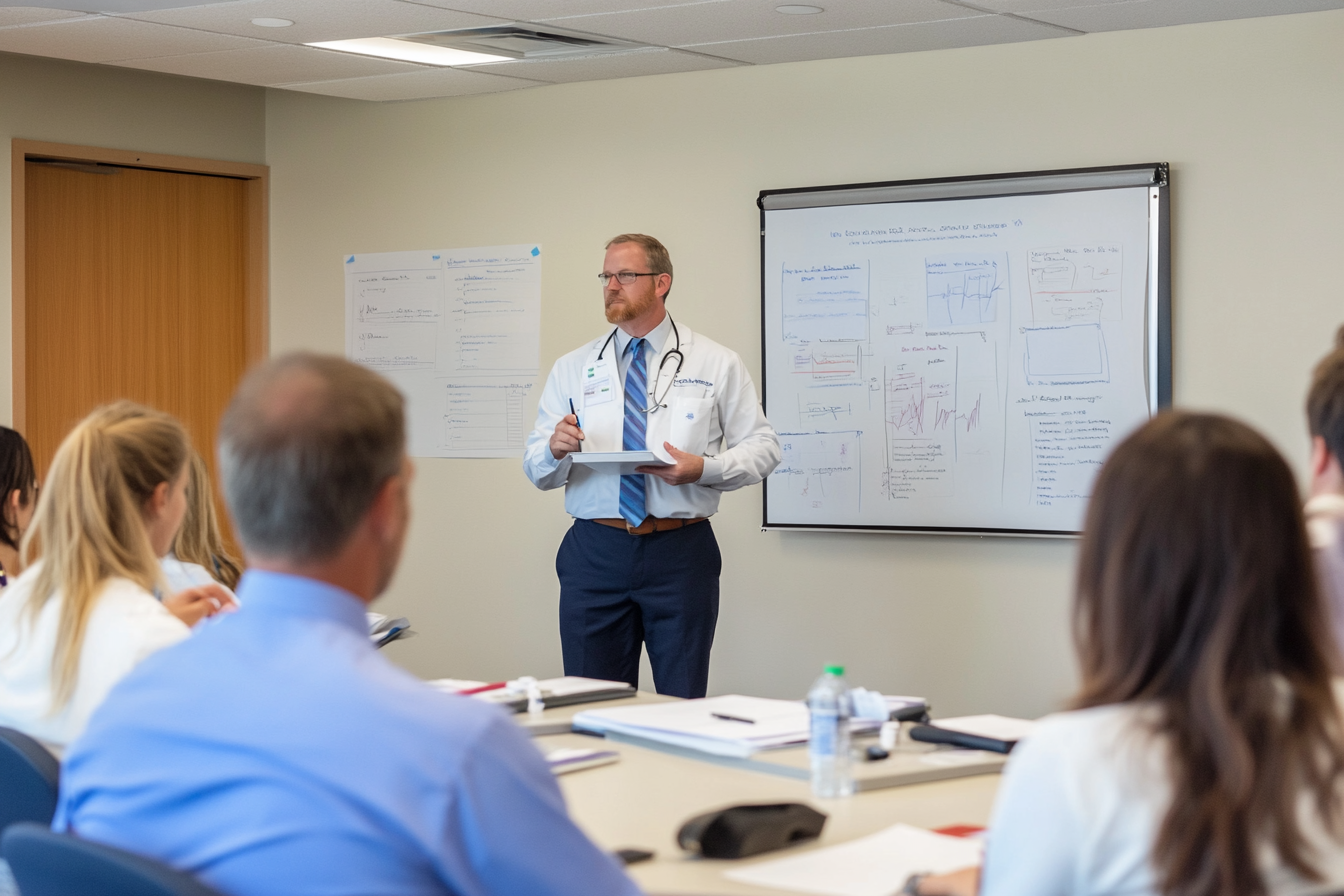 A confident healthcare leader conducting a compliance training session.