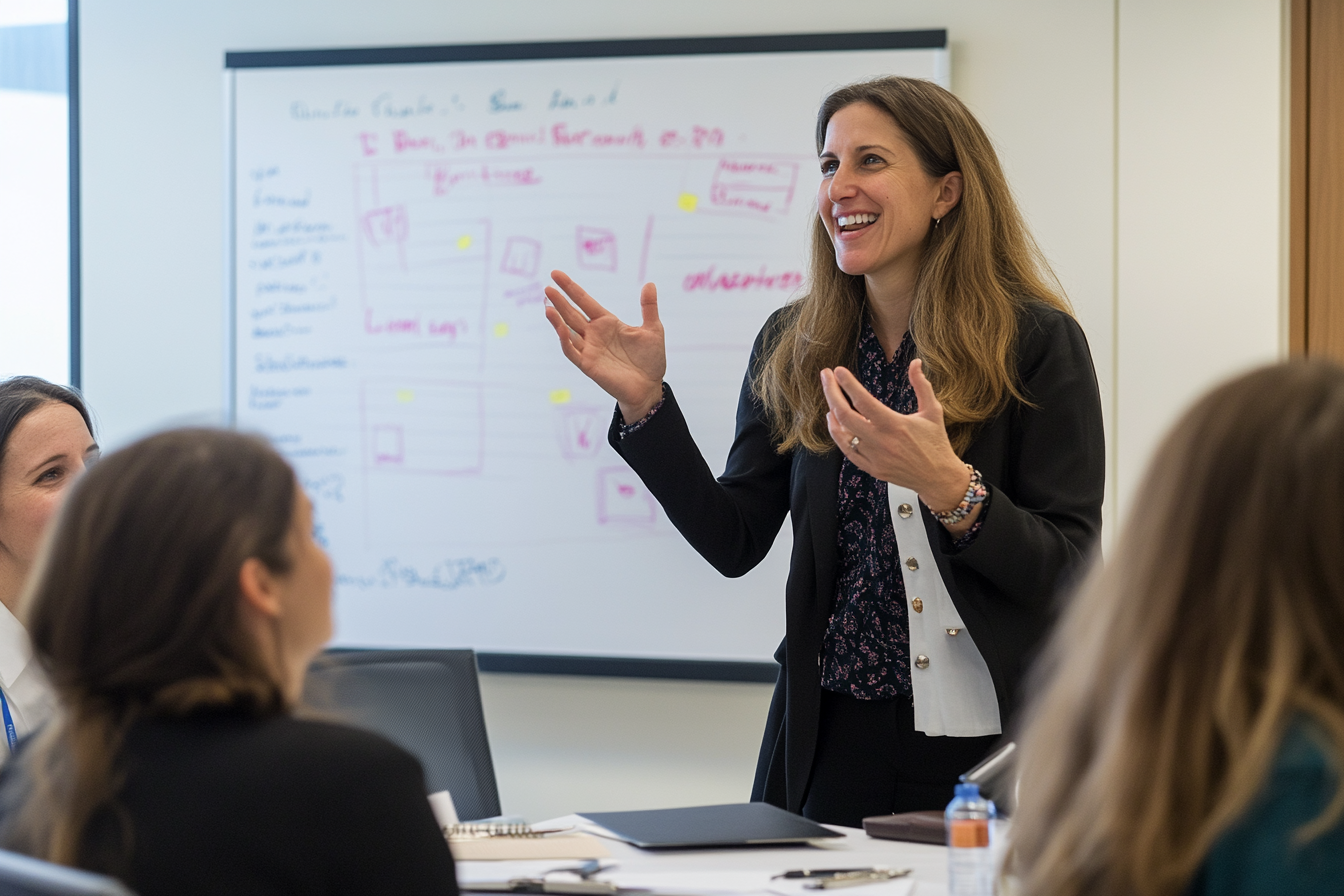 A confident healthcare leader conducting a compliance training session.