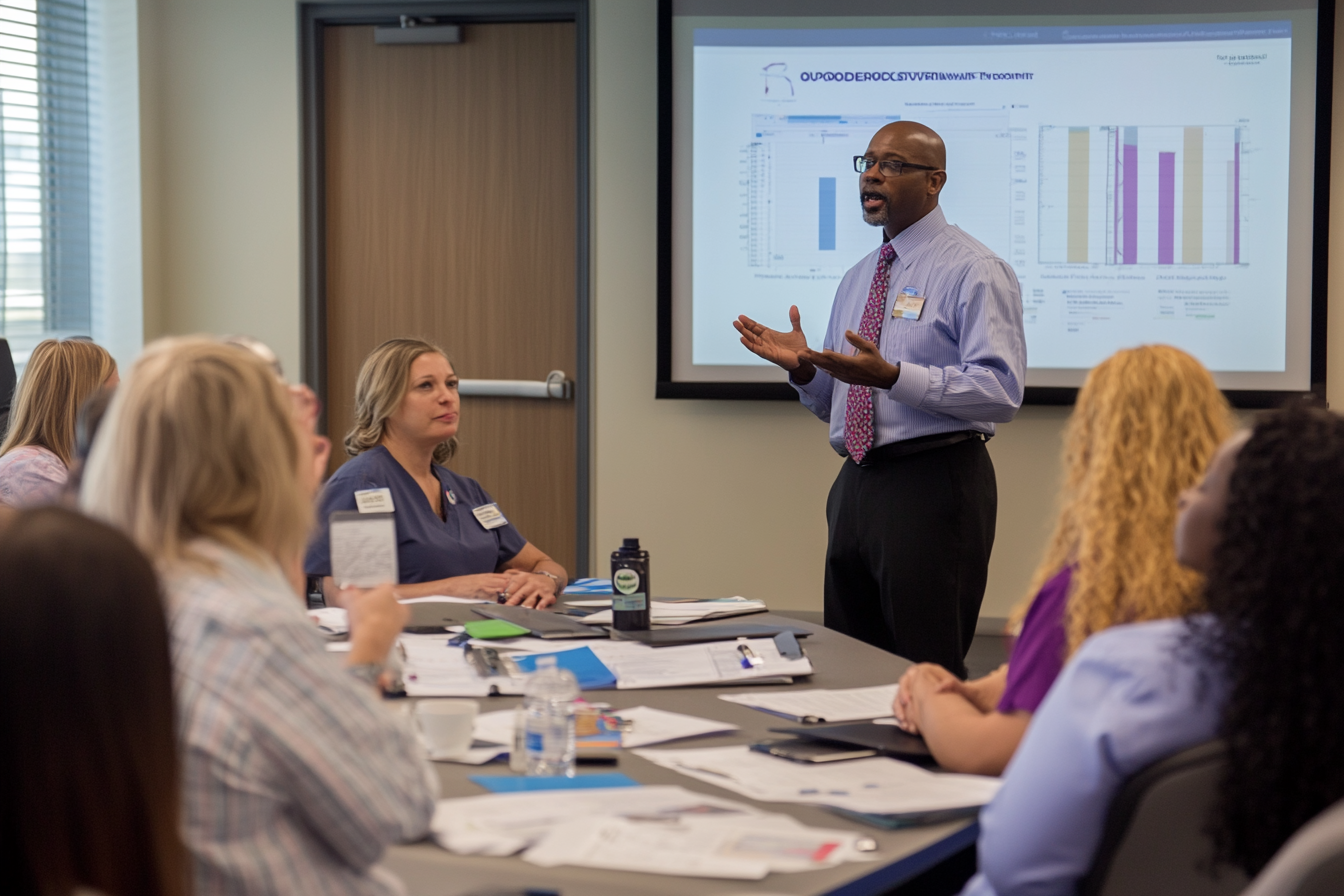 A diverse group of healthcare professionals attentively listening to a training session led by a consultant.