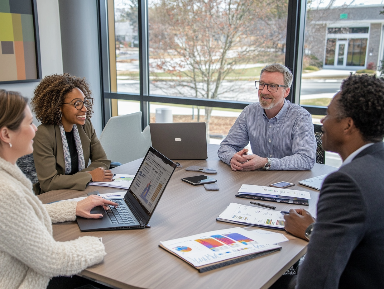 A diverse team of consultants collaborating in a meeting.