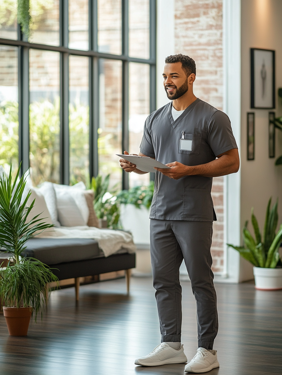A man in scrubs is standing in a living room holding a tablet.