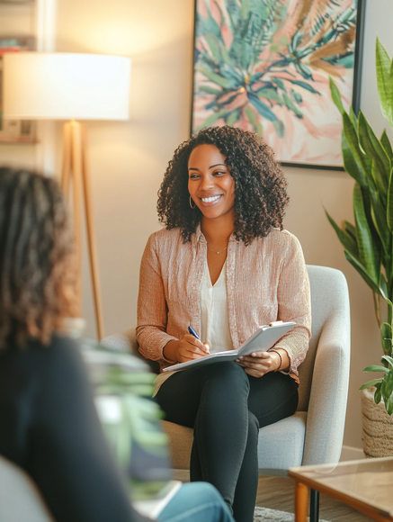 A woman is sitting in a chair holding a clipboard and smiling while talking to another woman.