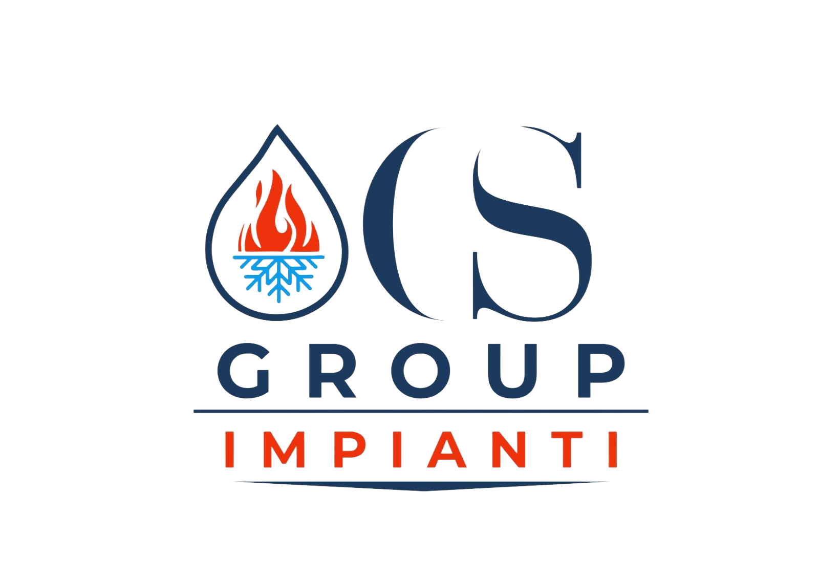 Logo di OCS Group Impianti con lettere blu e una fiamma rossa sopra un’icona a forma di goccia