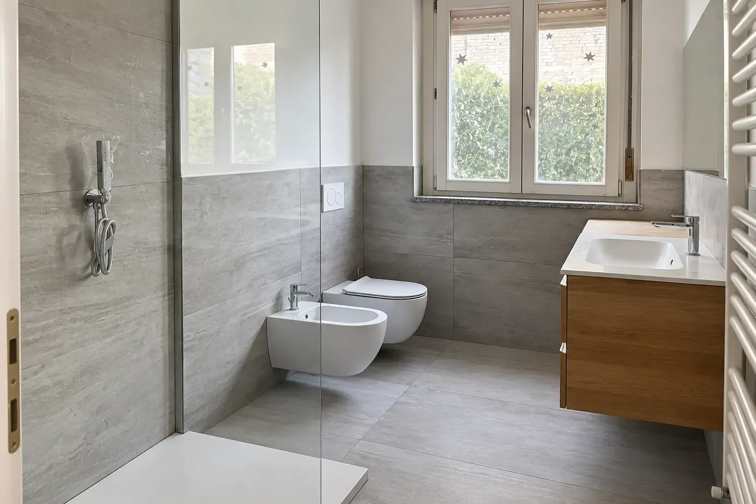 Bagno moderno con piastrelle grigie, WC sospeso, mobile lavabo e ampia finestra
