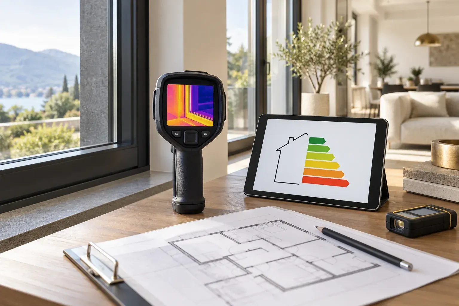 Termocamera e laptop con un grafico energetico su una scrivania in una stanza moderna e luminosa