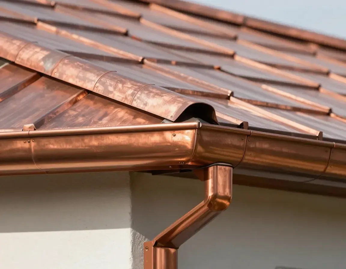 Grondaia e pluviale in rame sul tetto di una casa con copertura in tegole
