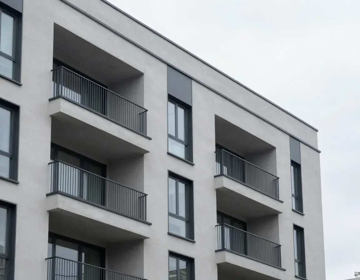 Facciata di un moderno condominio con balconi grigi e ringhiere nere sotto un cielo coperto
