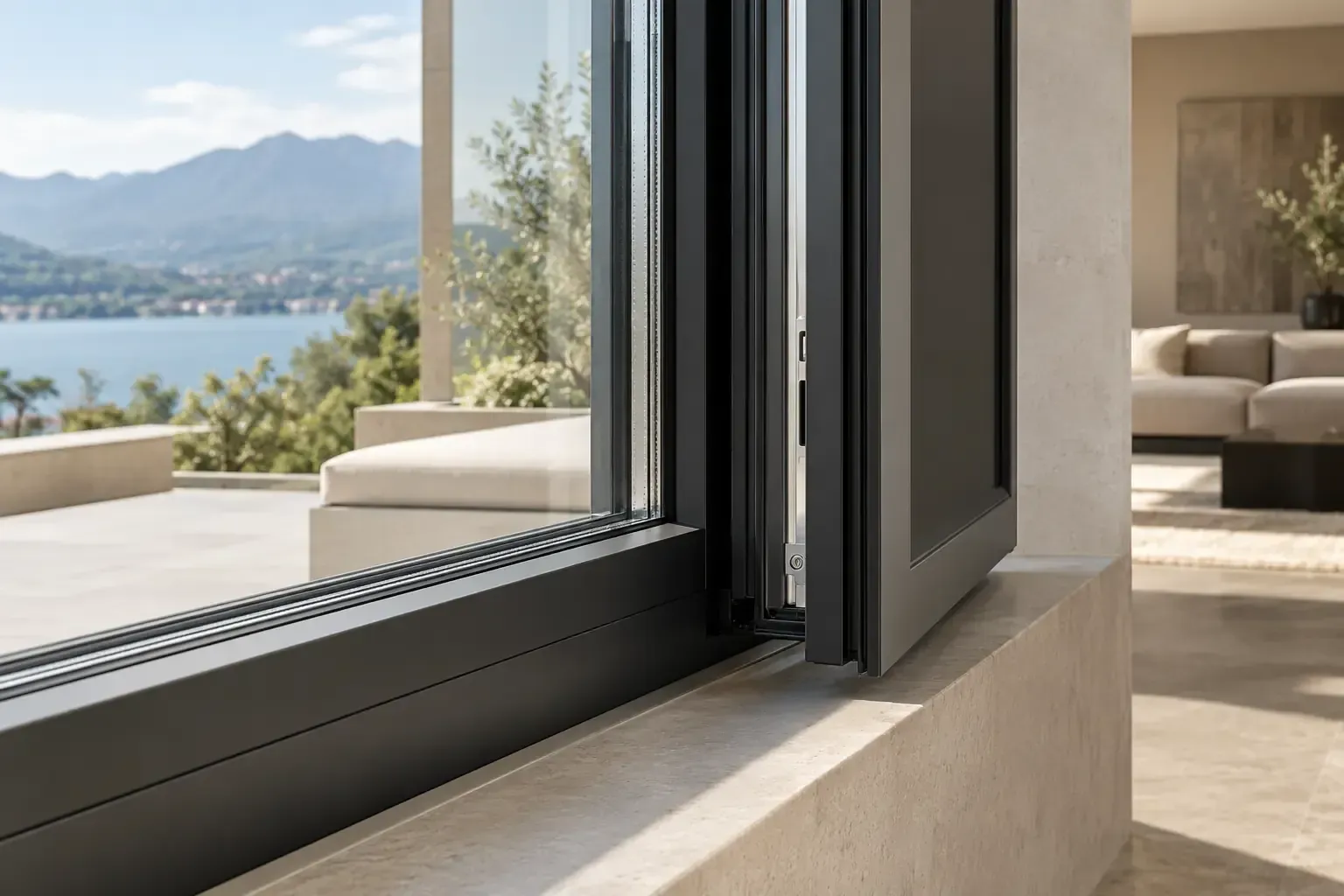 Apri la porta a vetri che dà su un patio moderno con vista sul lago e sulle montagne