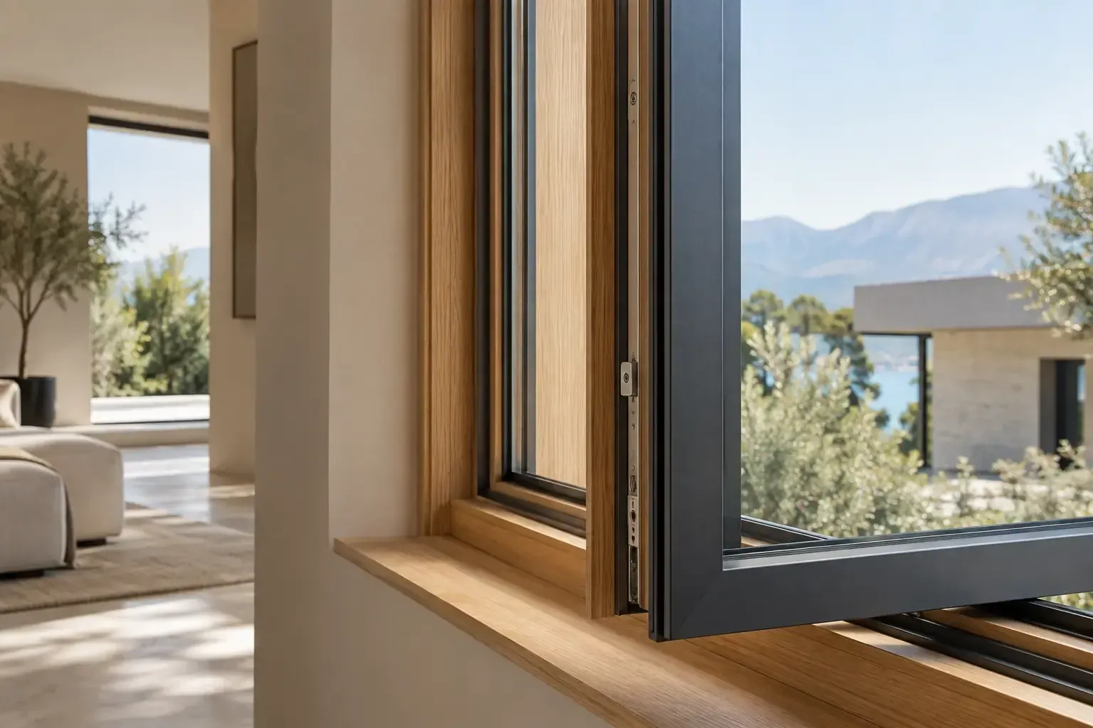 Finestra aperta con vista su un paesaggio desertico soleggiato e sulle montagne, con un moderno soggiorno all’interno.