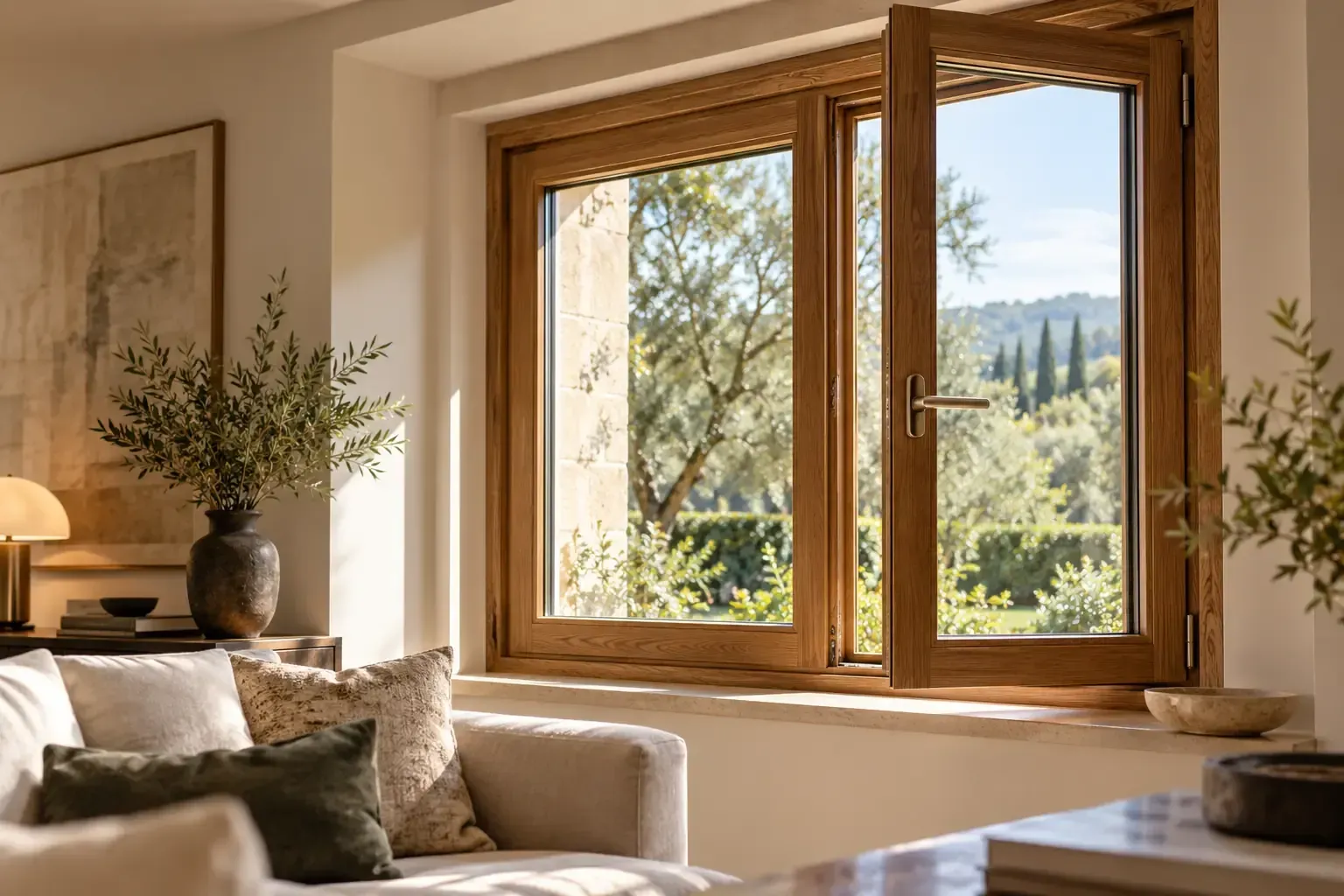 Luminoso soggiorno con una finestra in legno, un divano, cuscini e piante in vaso, con vista sugli alberi all’esterno