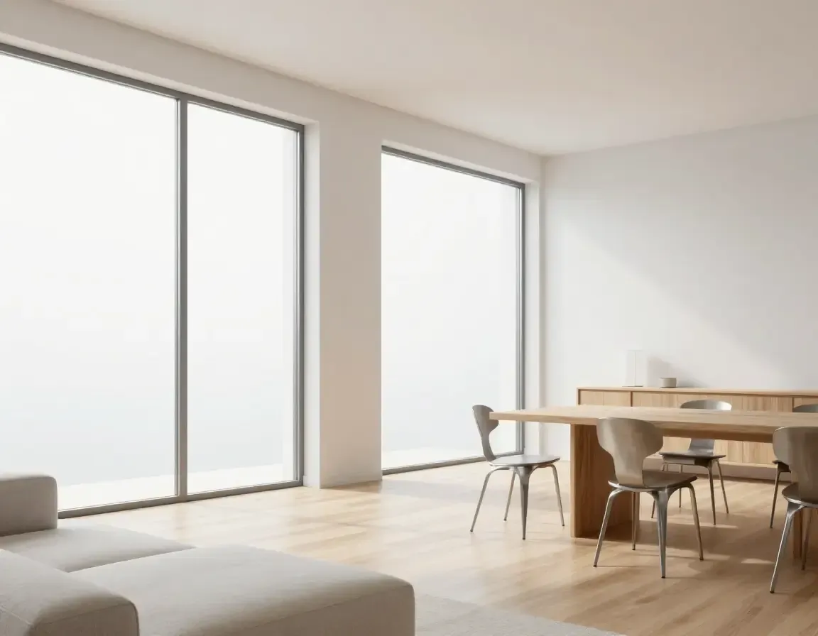Sala da pranzo luminosa e minimalista, con ampie finestre, tavolo in legno e sedie in uno spazio aperto baciato dal sole