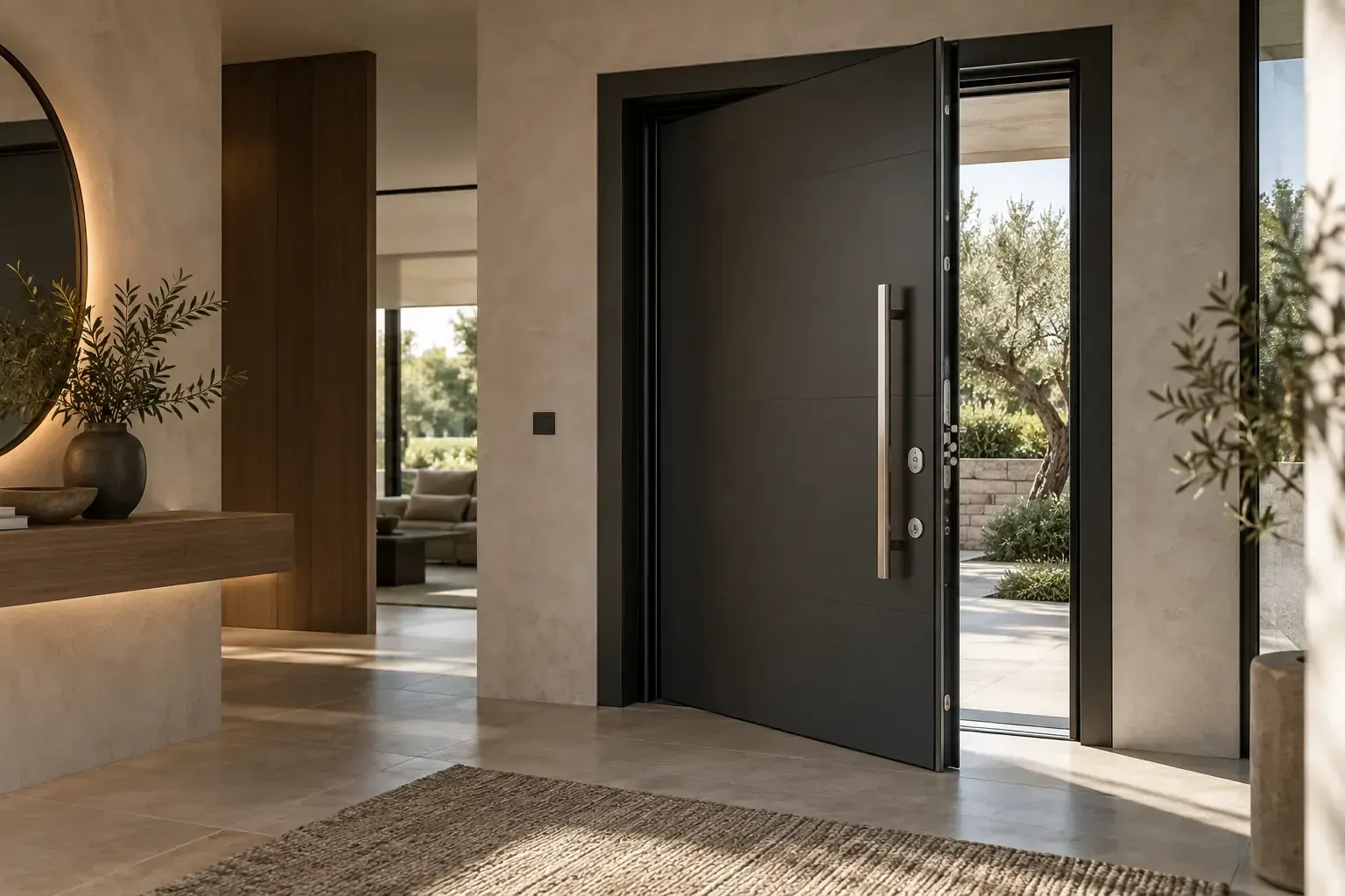 Ingresso moderno con un’ampia porta d’ingresso aperta, la luce del sole che filtra all’interno e un tappeto intrecciato sul pavimento