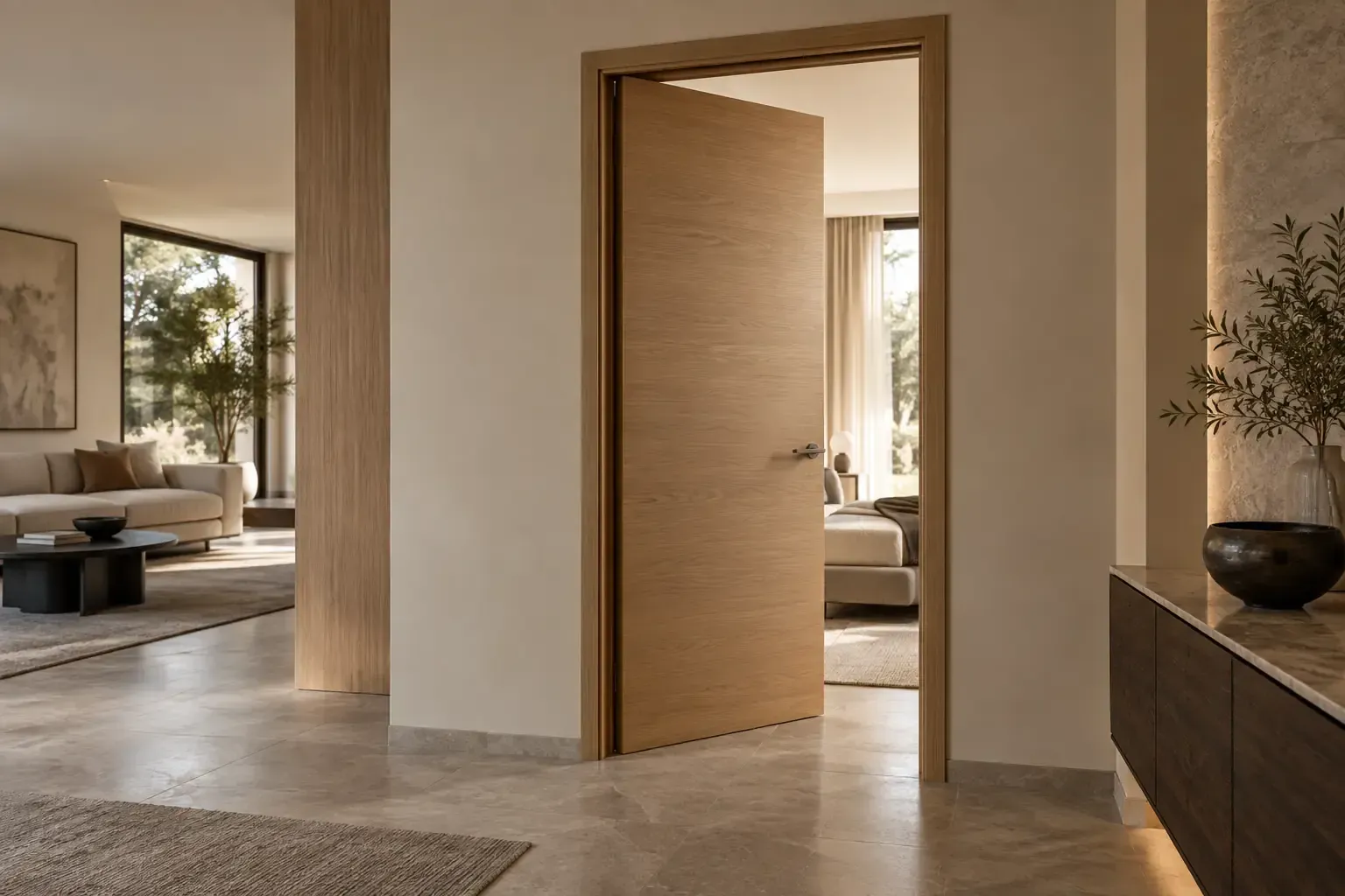 Soggiorno moderno con porta di legno aperta, pavimento in pietra e arredi dai toni caldi e neutri