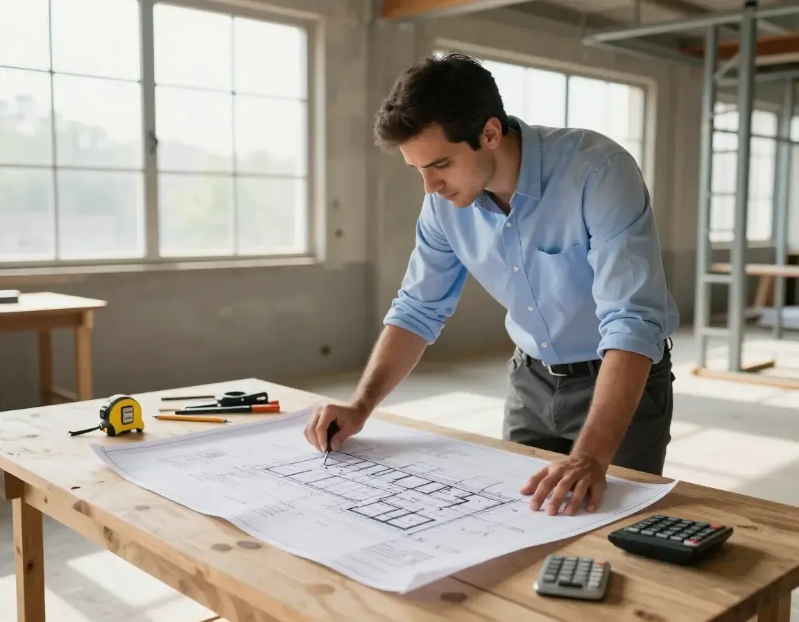 Uomo con una camicia blu che esamina i progetti architettonici su un banco da lavoro, con attrezzi e una calcolatrice, in una stanza luminosa