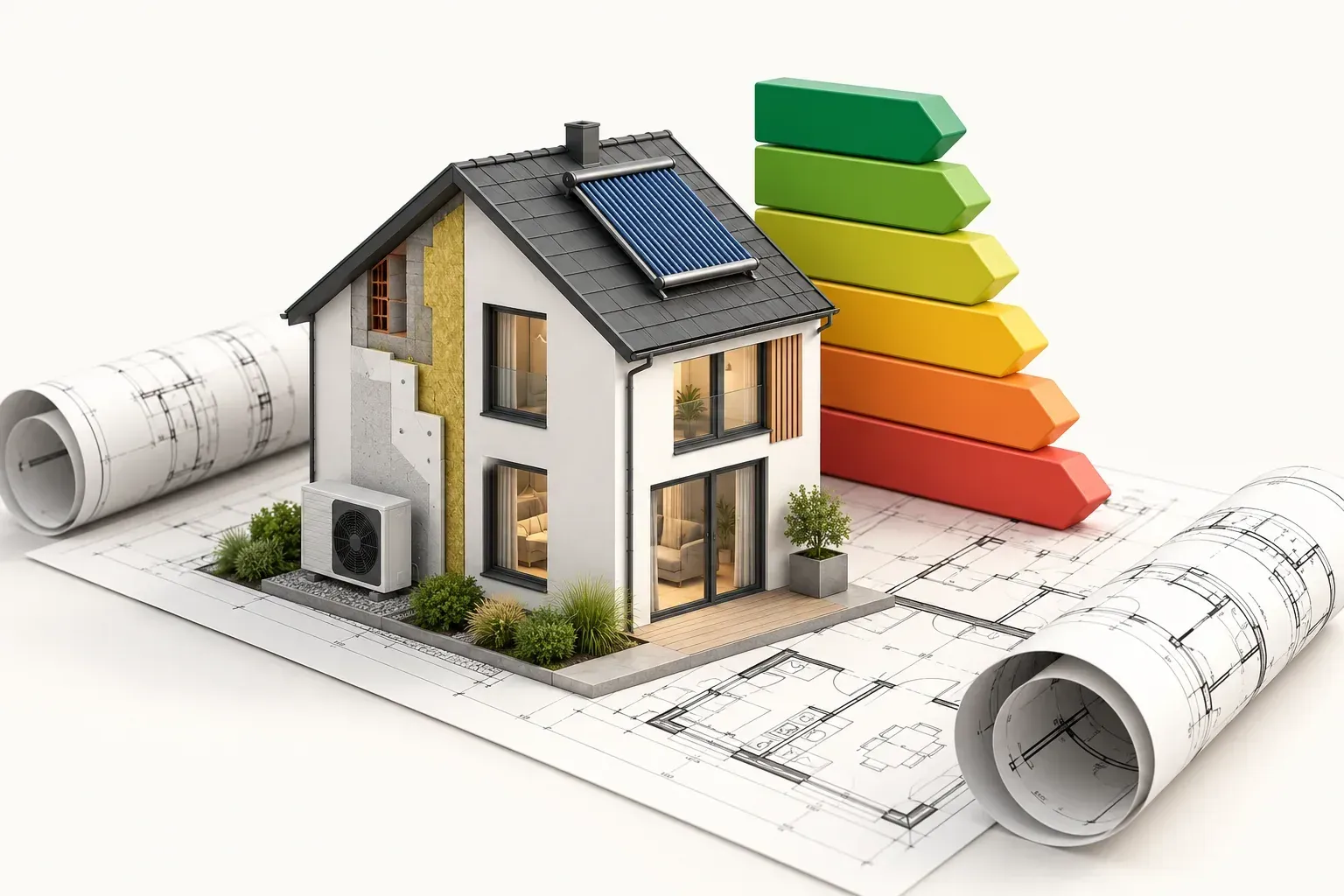 Casa a basso consumo energetico con pannello solare, barre colorate per la classe energetica e progetti arrotolati