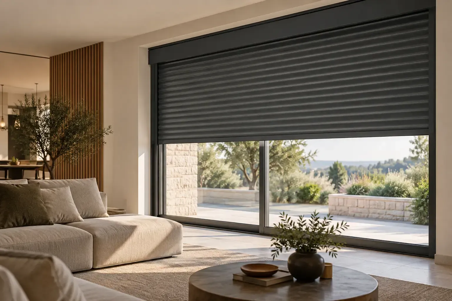 Soggiorno moderno con divano beige, tavolino rotondo e ampia finestra con tende a rullo scure.