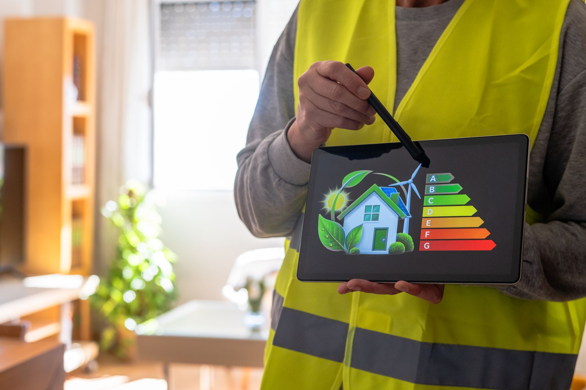 Una persona con un gilet di sicurezza giallo usa un tablet che mostra una casa e un indicatore di efficienza energetica