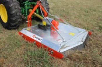 Silver Farm Mower Attachment With Orange Frame Cutting Grass Beside a Tractor Wheel — Casali's in Mareeba, QLD