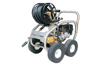 Four-wheel Pressure Washer With Coiled Black Hose and Silver Frame on White Background — Casali's in Mareeba, QLD