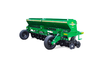 Green Agricultural Seed Drill on Wheels, Shown in Side View on a White Background — Casali's in Mareeba, QLD