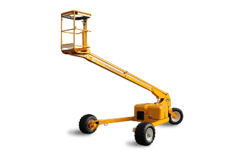 Orange Cherry Picker Lift With Extended ARM and Raised Platform on White Background — Casali's in Mareeba, QLD