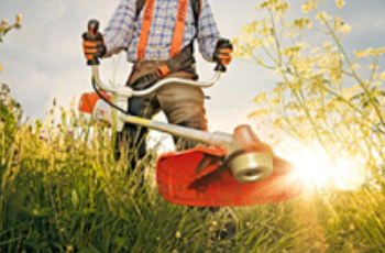 Person Using a Red String Trimmer in Tall Grass at Sunset — Casali's in Mareeba, QLD