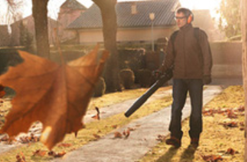 Person Using a Leaf Blower to Clear Autumn Leaves in a Sunlit Yard — Casali's in Mareeba, QLD