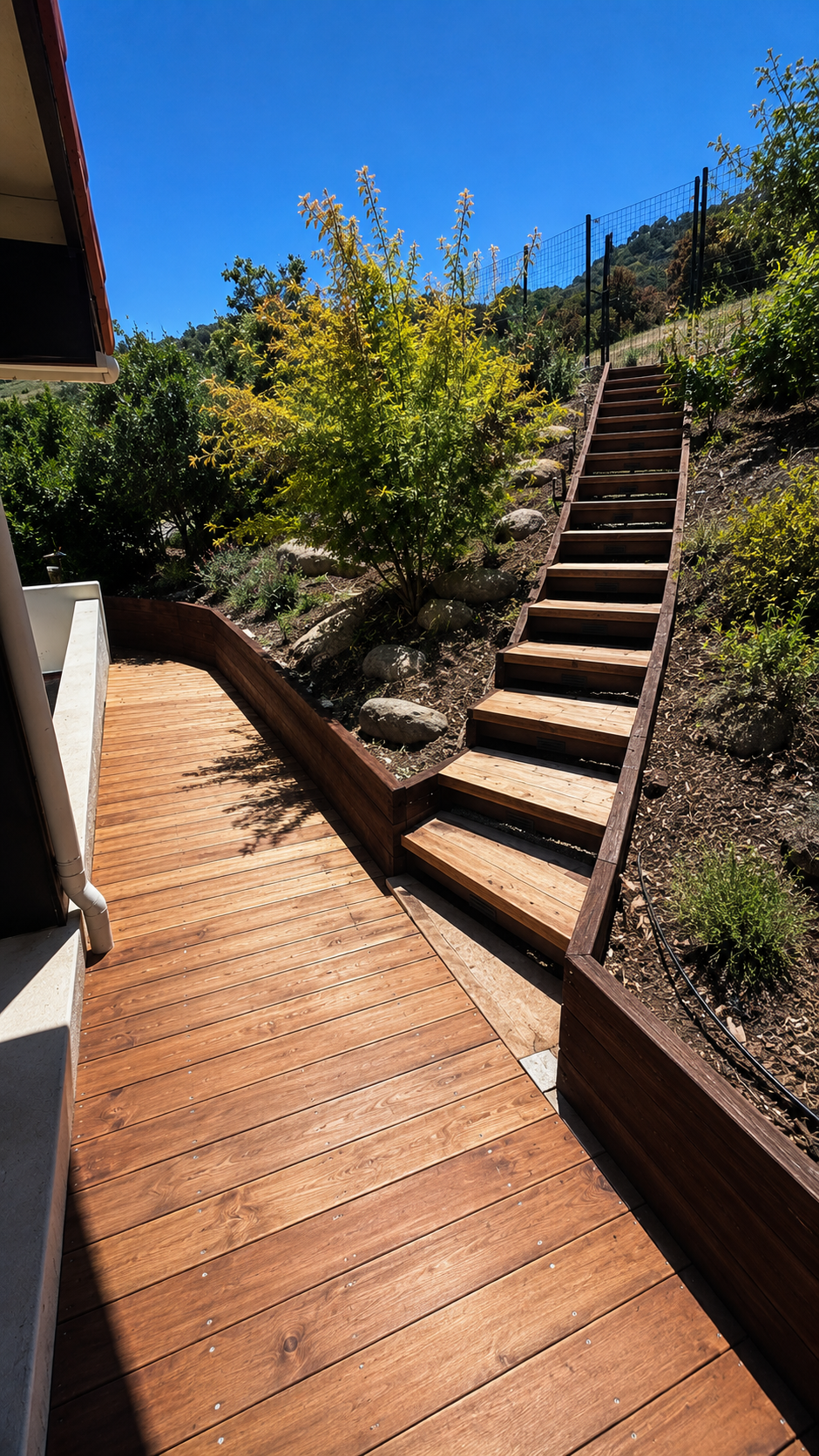 Backyard patio with green lawn, stone path, wooden bench, and potted flowers