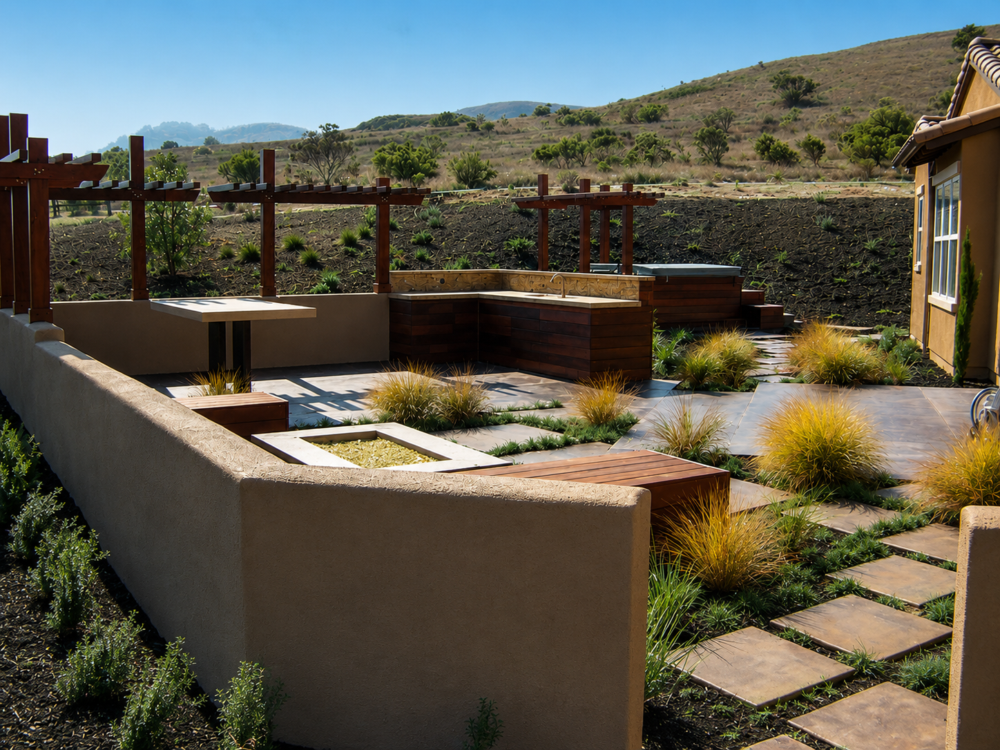 Desert courtyard with stucco walls, stone path, and drought-tolerant plants under a clear sky