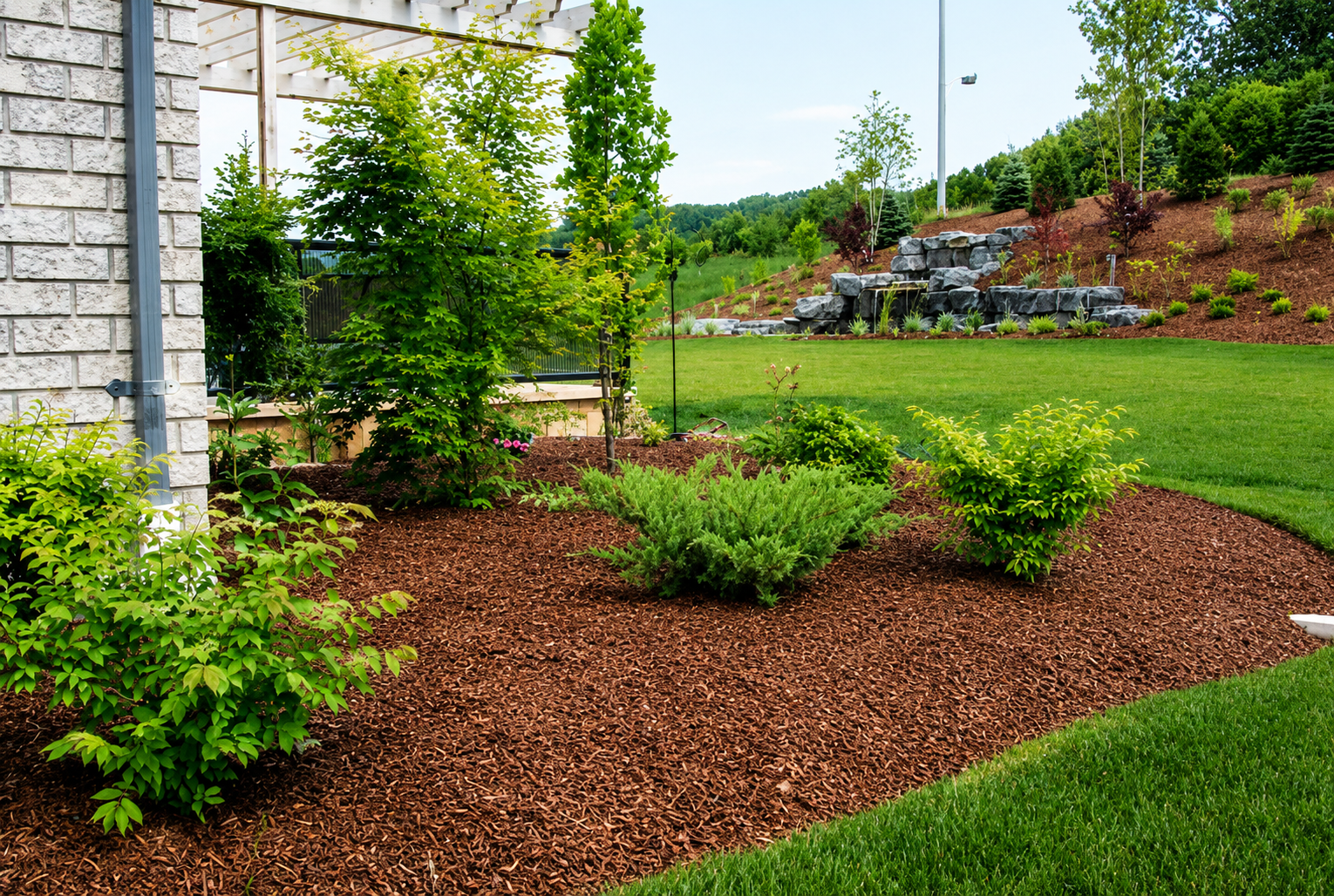 Dry landscaped park with native shrubs, trees, and a grassy field under a blue sky.
