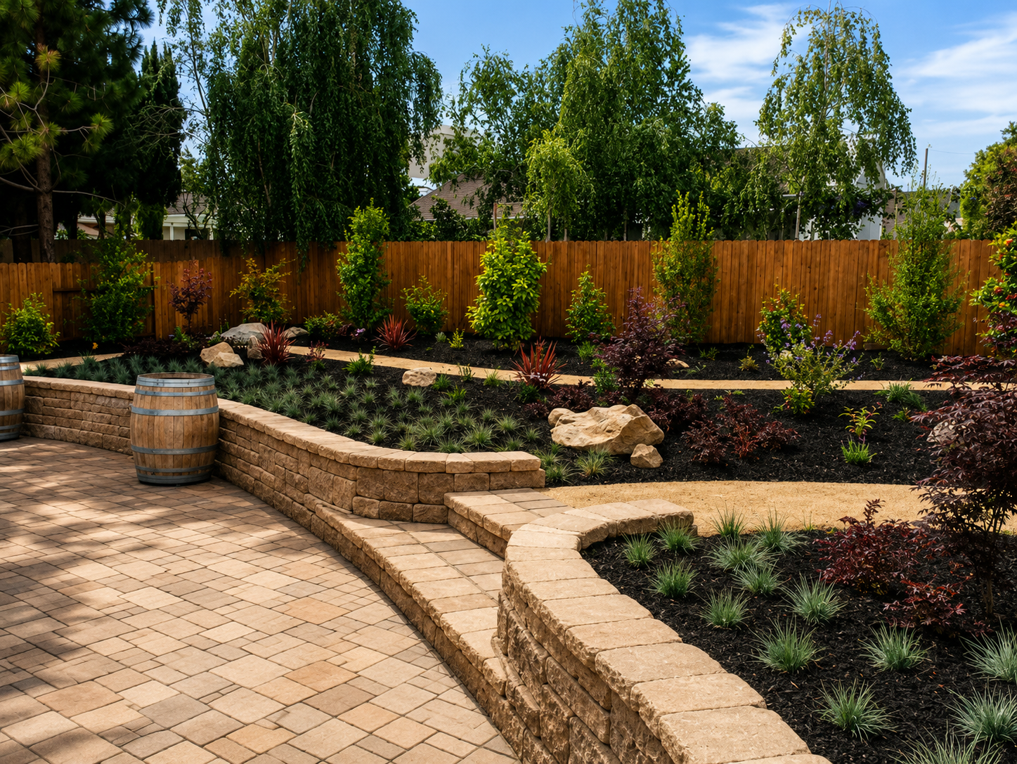 Backyard patio with green lawn, stone path, wooden bench, and potted flowers