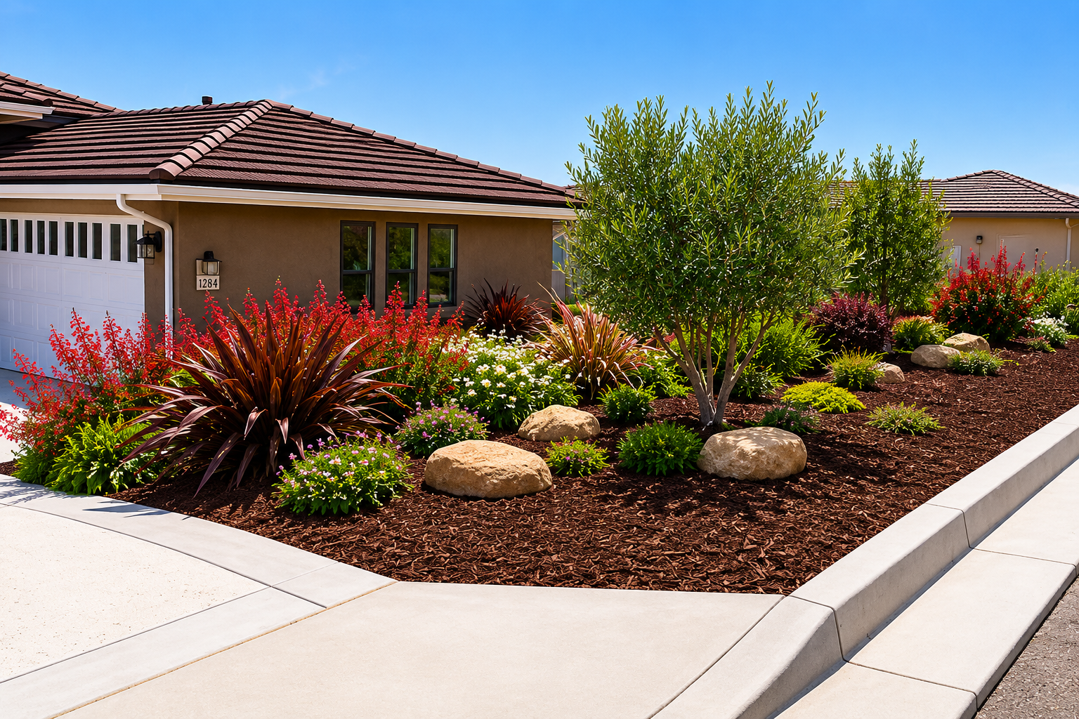 Single-story house with tiled roof and desert landscaping along a bright suburban street