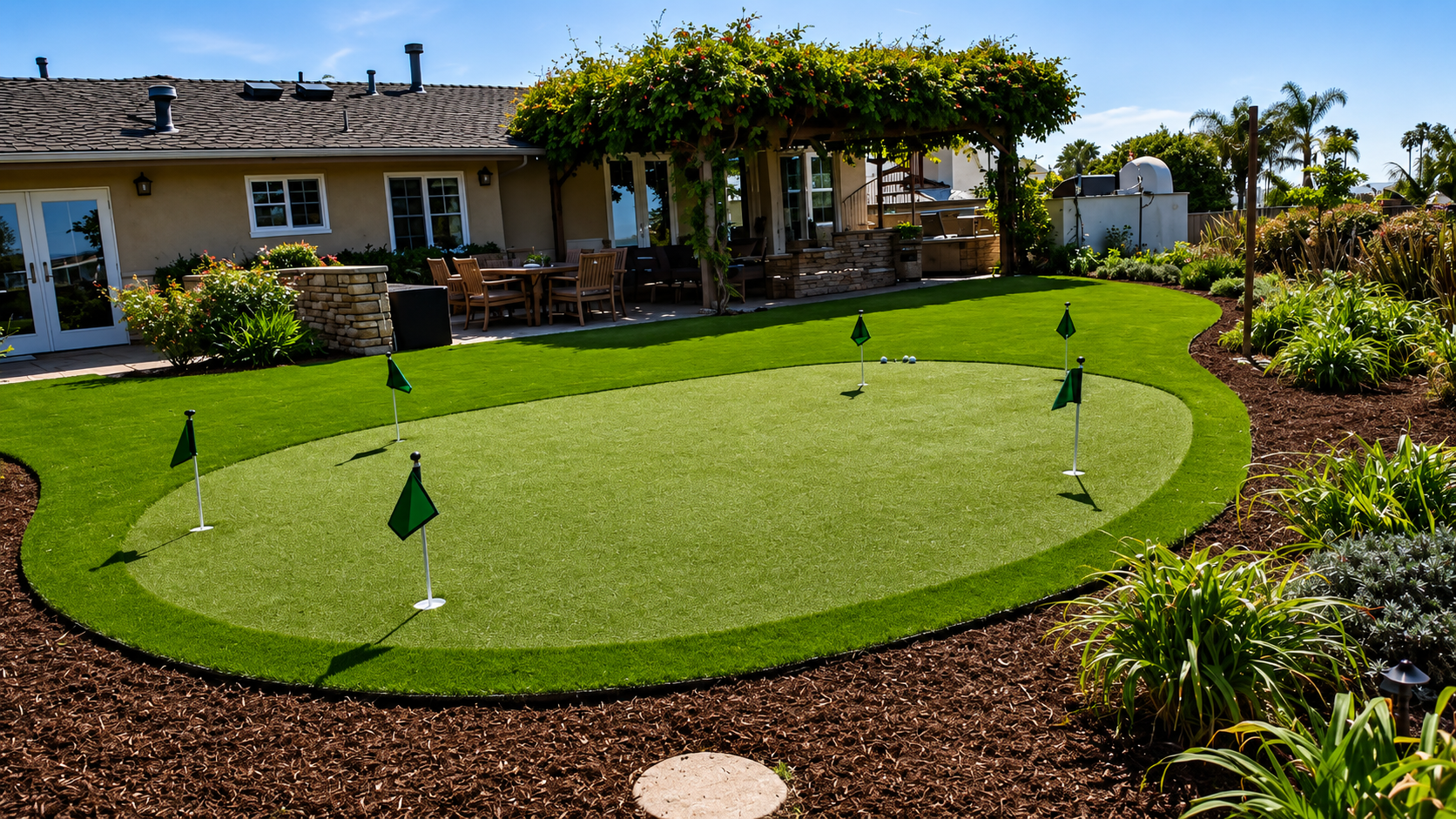 Backyard putting green with golf flags beside a house on a sunny day