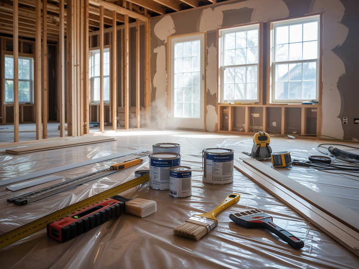 Renovated room with exposed framing, windows, and construction tools scattered on the floor