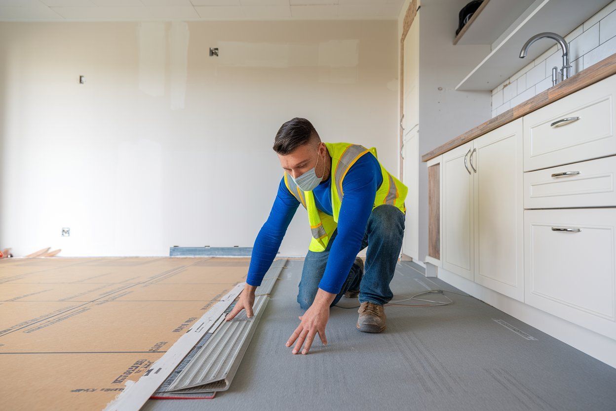 Worker installing flooring in a bright kitchen, using a trowel on underlayment.