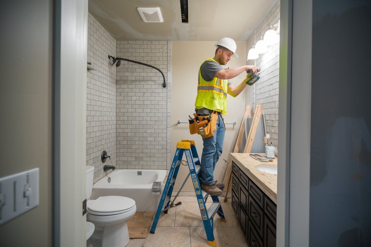 Worker painting a bathroom wall beside a bathtub and toilet, with tools and ladder nearby
