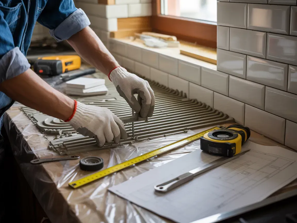 Worker installing floor tiles with a trowel and tape measure in a kitchen under renovation