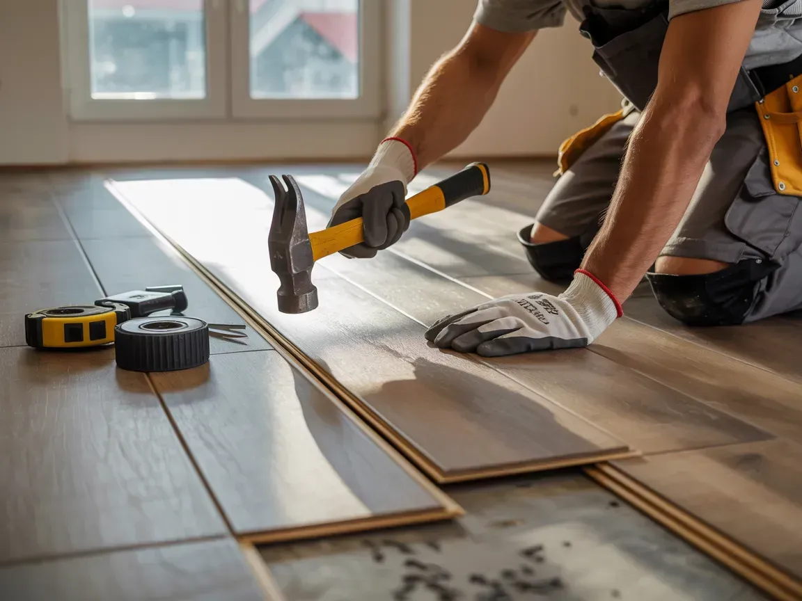 Person installing light wood flooring with a hammer and tape measure in a sunlit room