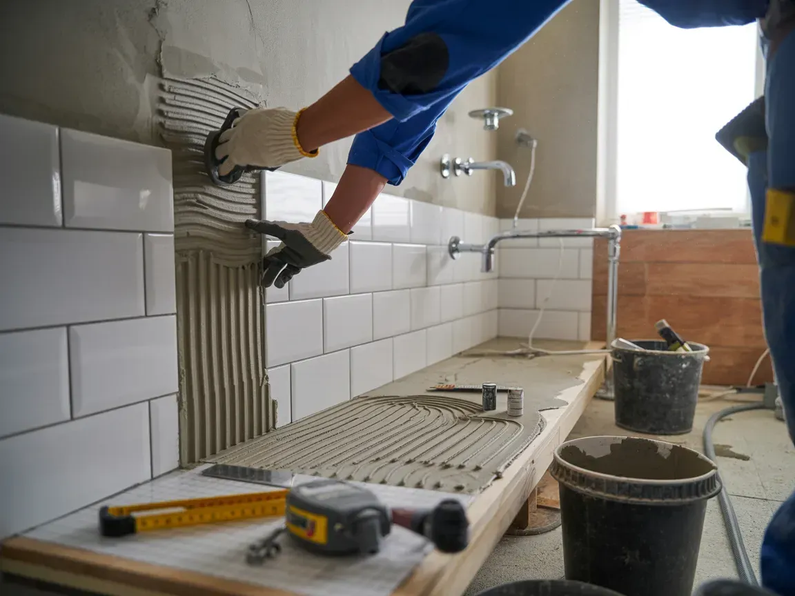 Worker tiling a bathroom wall with white tiles and gray adhesive, tools on the floor