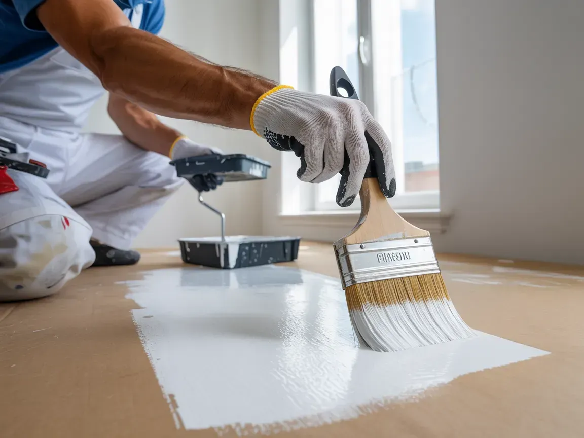 Person in white overalls painting a floor with a brush, applying white coating near a window.