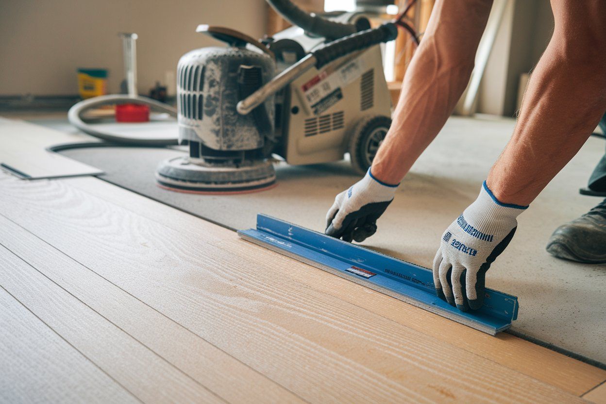 Person using a blue squeegee to smooth flooring during installation