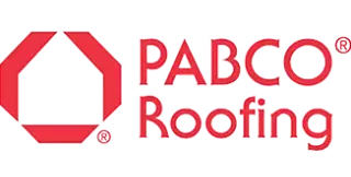 The pabco roofing logo is red and white with a house in the middle.